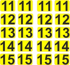 Aufkleber Startzahlen  11 - 15 - Gelb-Shwarz   Digitaldruck selbstklebend 