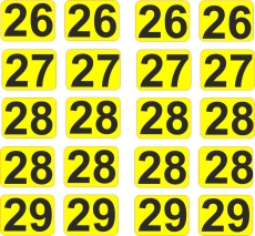 Aufkleber Startzahlen  26 - 29  Digitaldruck selbstklebend gelb schwarz