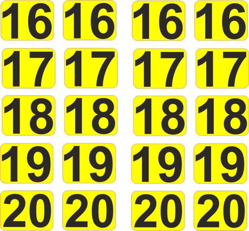 Aufkleber Startzahlen  16 - 20  Digitaldruck selbstklebend gelb schwarz