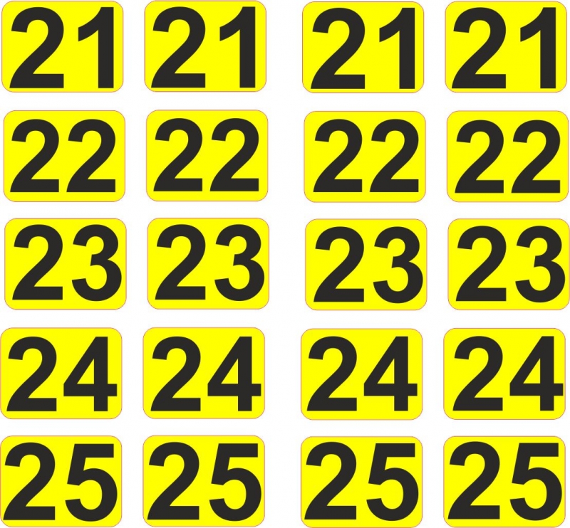 Aufkleber Startzahlen  21 - 25  Digitaldruck selbstklebend gelb schwarz 