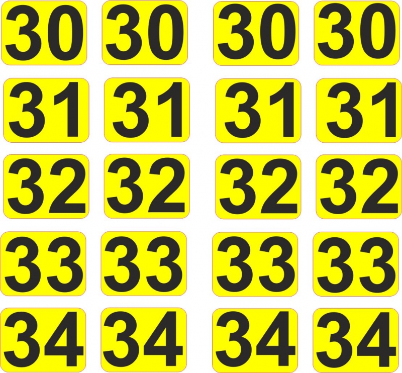 Aufkleber Startzahlen  30- 34  Digitaldruck selbstklebend gelb schwarz
